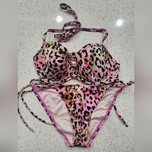 Victoria's Secret Pink and Black Leopard Kids Bikini Size 34 D top Small Bottom